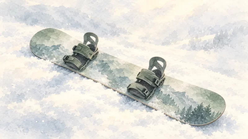 淡い雪色の背景に置いた緑のスノーボードの水彩